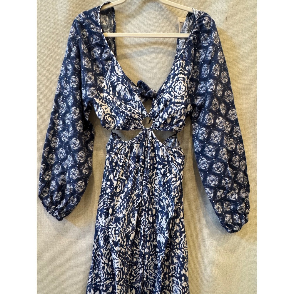 Abercrombie & Fitch Blue White Medallion Cutout O-Ring Maxi Dress XS New - Picture 2 of 5